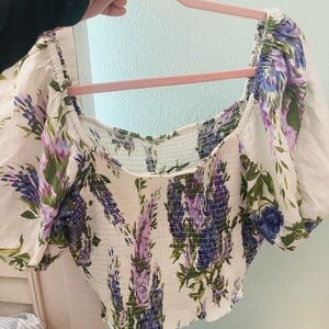 Express Floral Smocked Blouse - Purple and Green